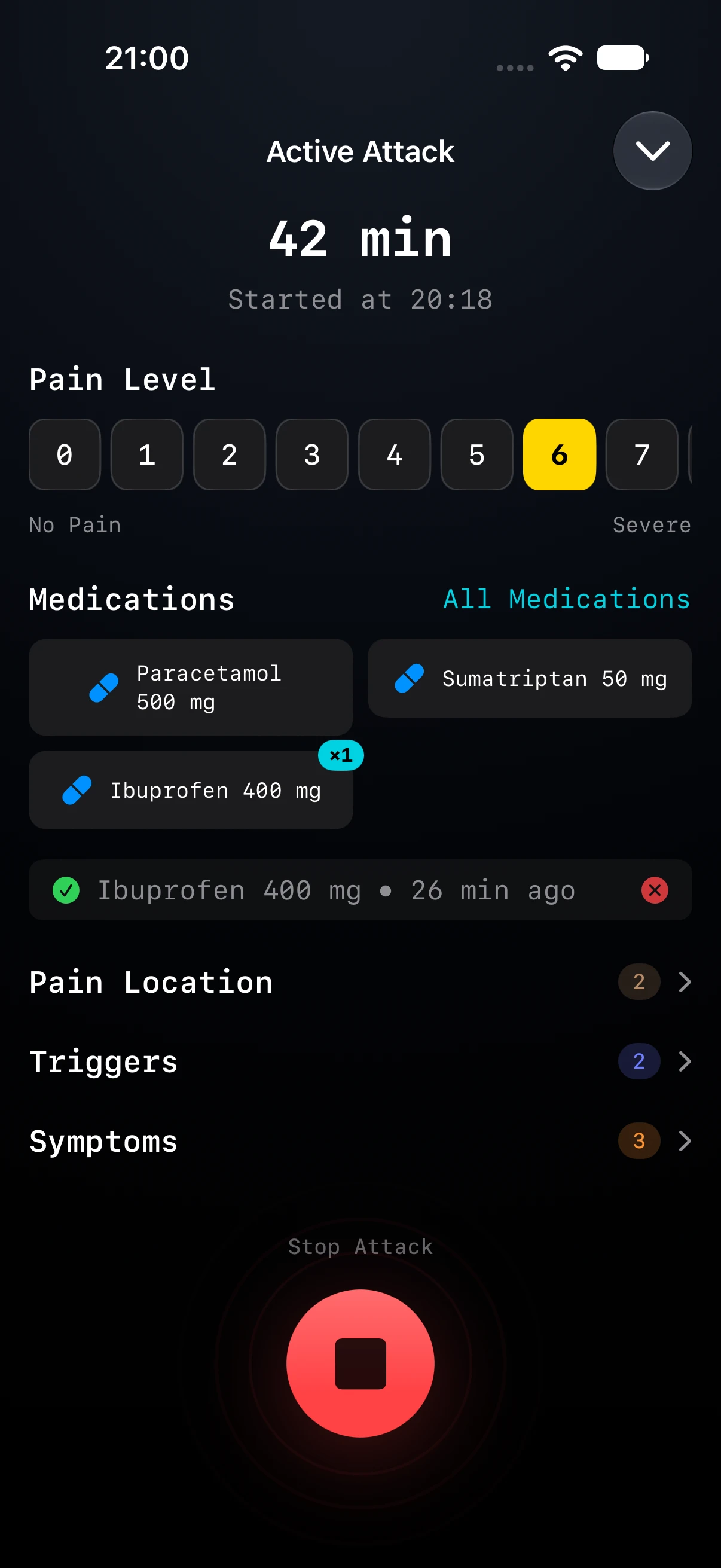Active migraine tracking with a 42-minute timer, pain level 6, an ibuprofen log, and selected symptoms and triggers.