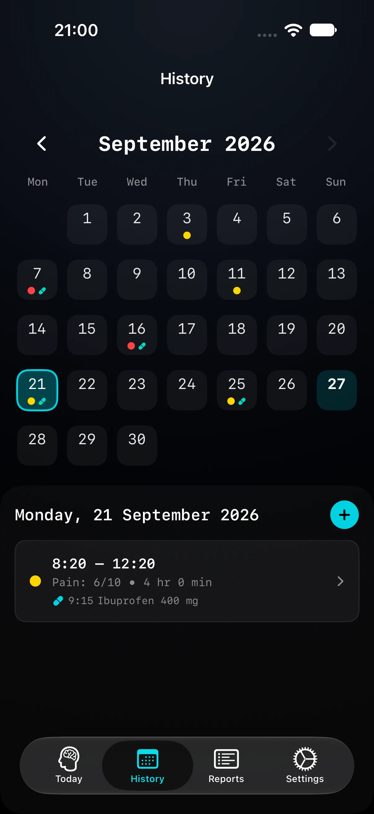 September migraine calendar with six recorded attacks and a selected entry showing pain, duration and medication time.