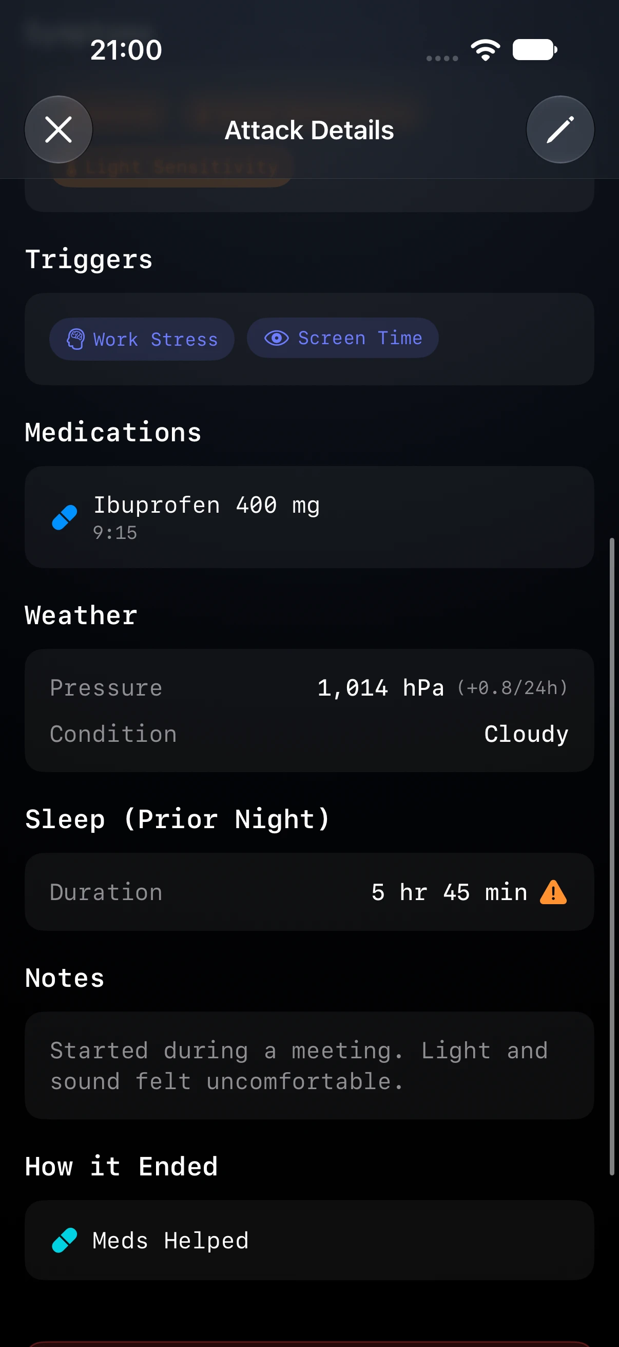 Details of a sample migraine showing triggers, ibuprofen recorded at 09:15, weather, prior-night sleep and notes.