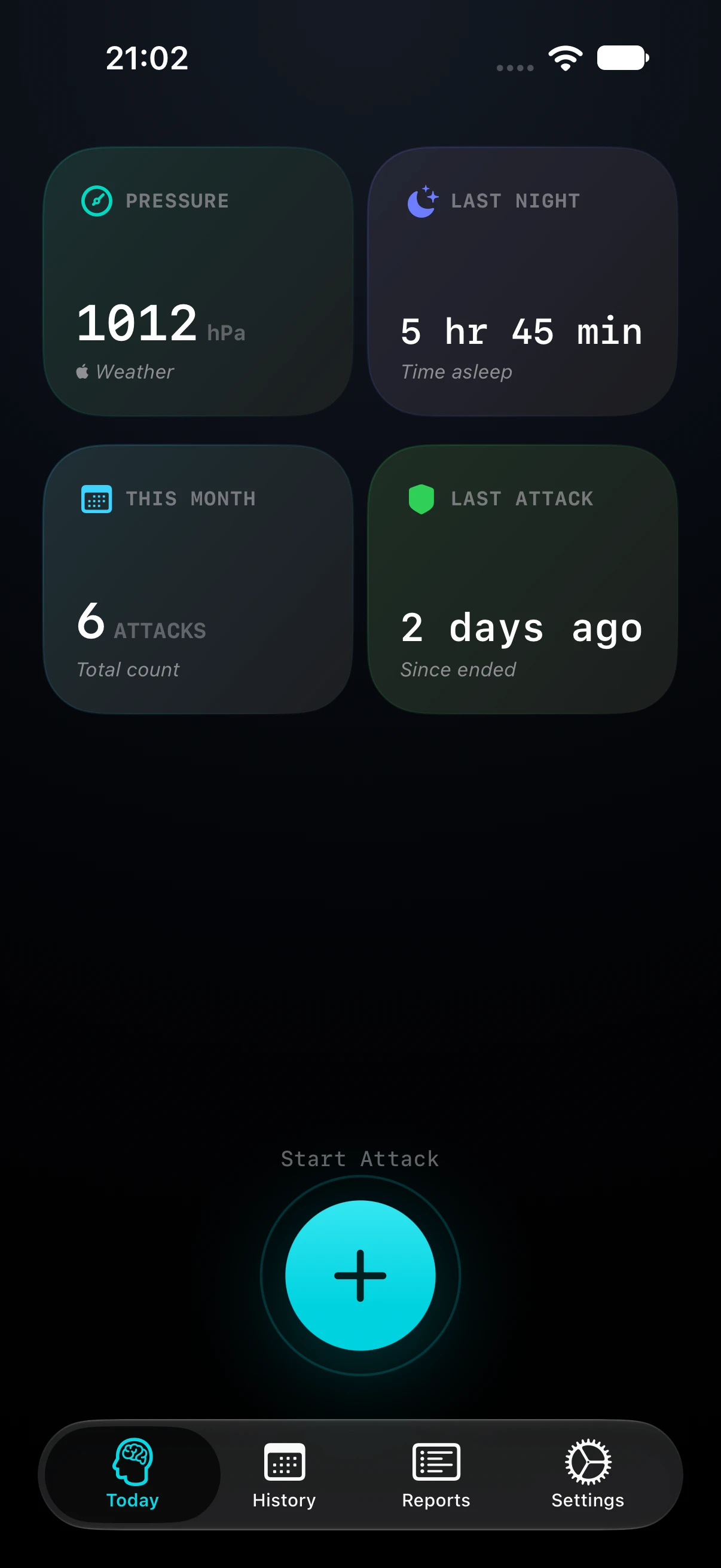 Today dashboard with atmospheric pressure, 5 hours 45 minutes of sleep, monthly attack count and the start-attack button.