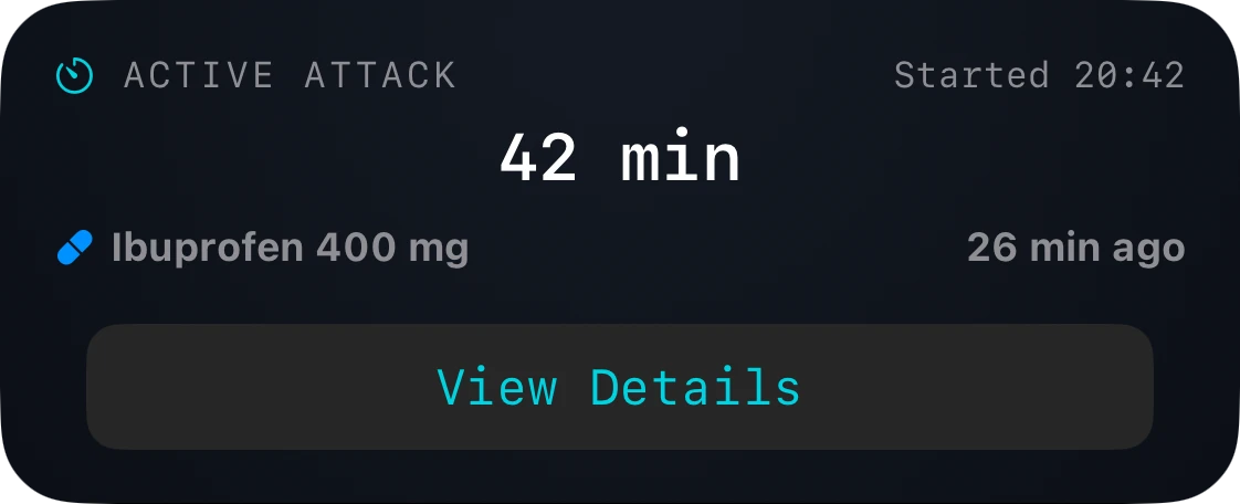 Migraine Live Activity showing elapsed time and the most recently logged medication.