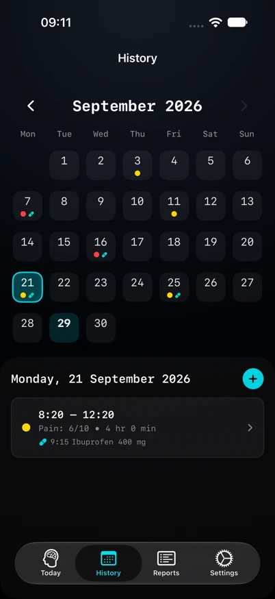 History with 21 September selected, showing the recorded attack and medication time.