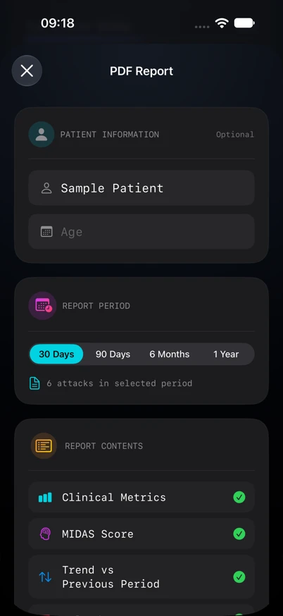 PDF Report settings with the optional name Sample Patient, 30 Days selected and six attacks in the period.